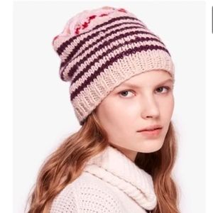 Free People Tullamore Knit Crochet Wool Beanie Pink & Purple Stripes NEW